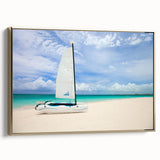 Framed canvas depicting a Caribbean landscape with turquoise waters and lush greenery, in a vintage poster style.