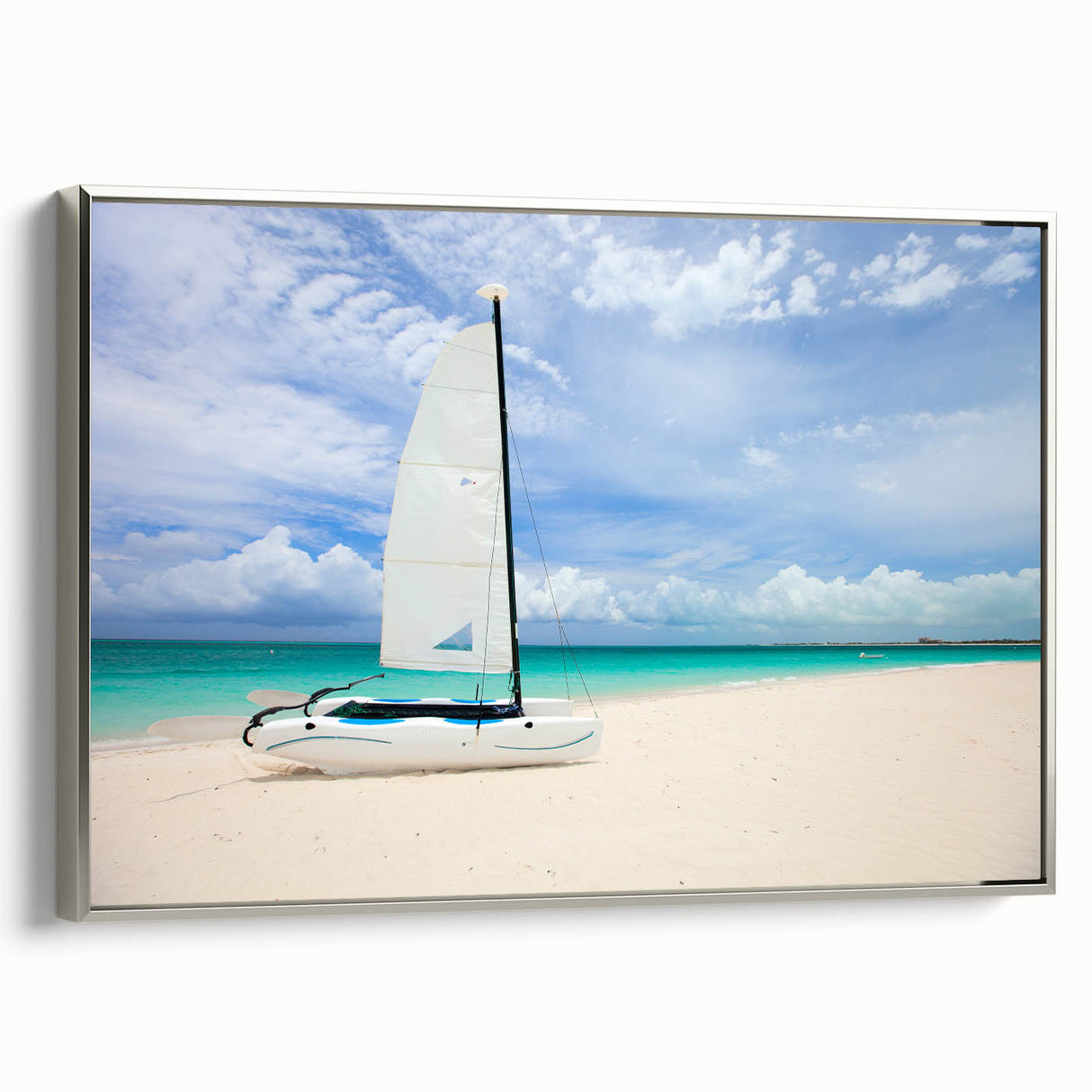 Landscape art painting of a Caribbean scene on a framed canvas, featuring vibrant blue and green tones.
