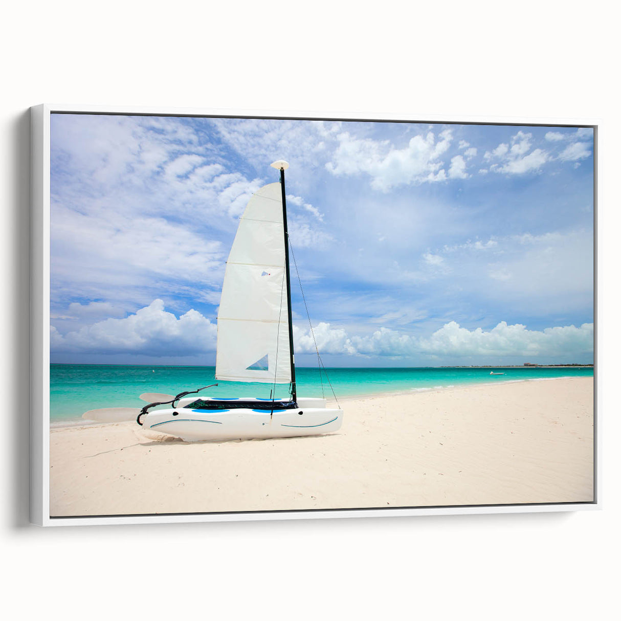 Vintage poster art of a Caribbean scene on a framed canvas, featuring vibrant ocean blues and palm greens.
