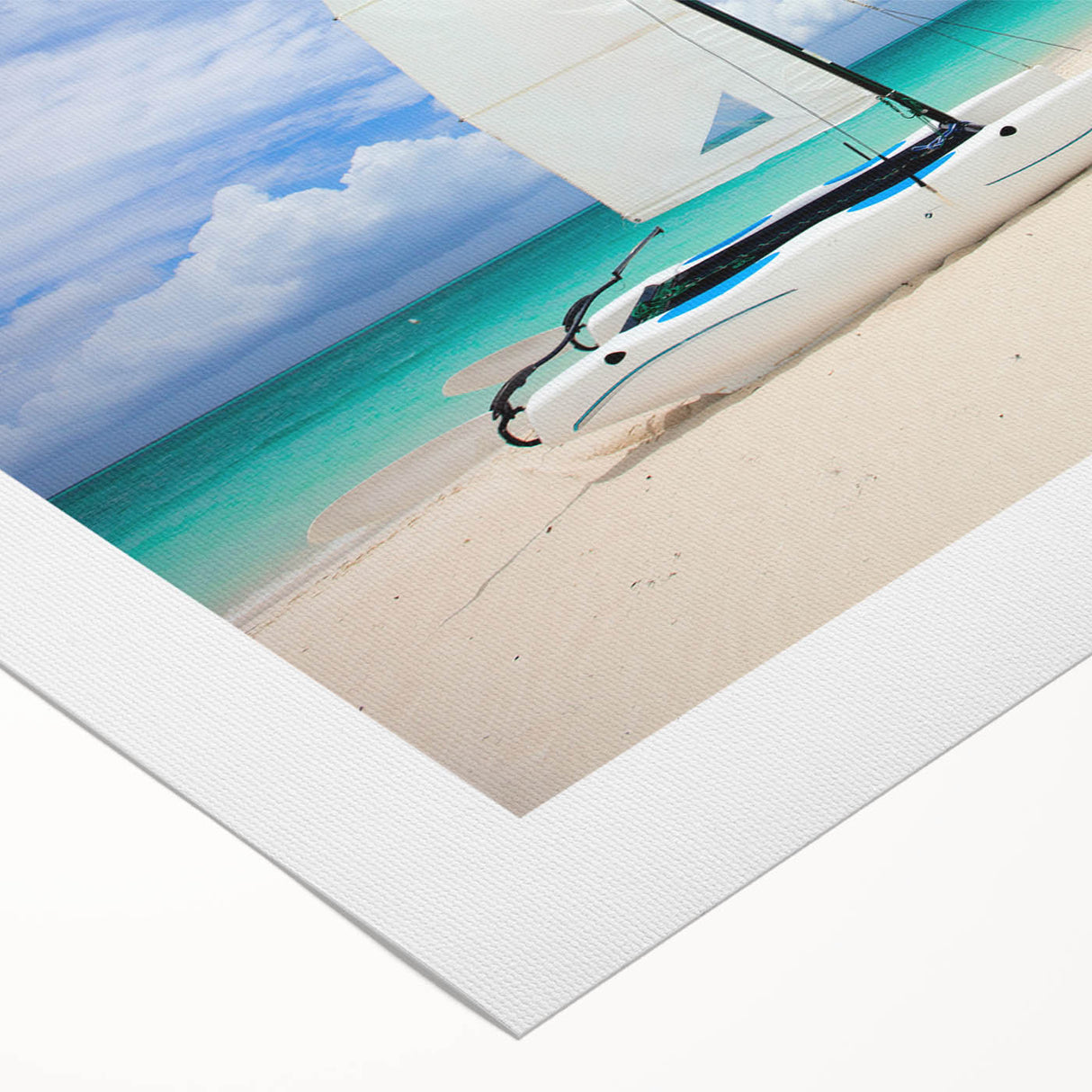 Art deco poster featuring a Caribbean scenery on rolled canvas, suitable for dining room or bathroom decor.