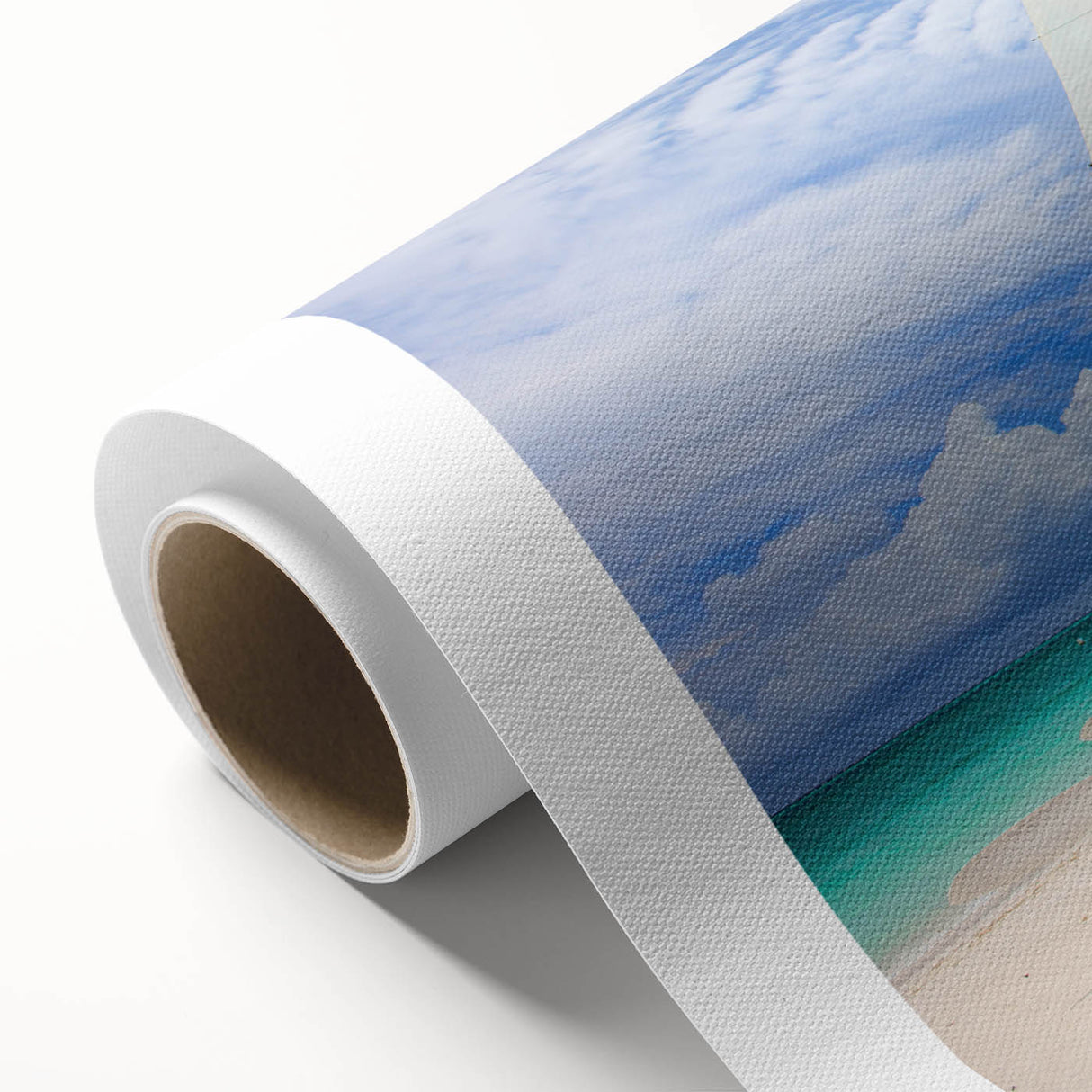 Art Deco style poster of a Caribbean scenery on rolled canvas, featuring pastel blue and green tones.