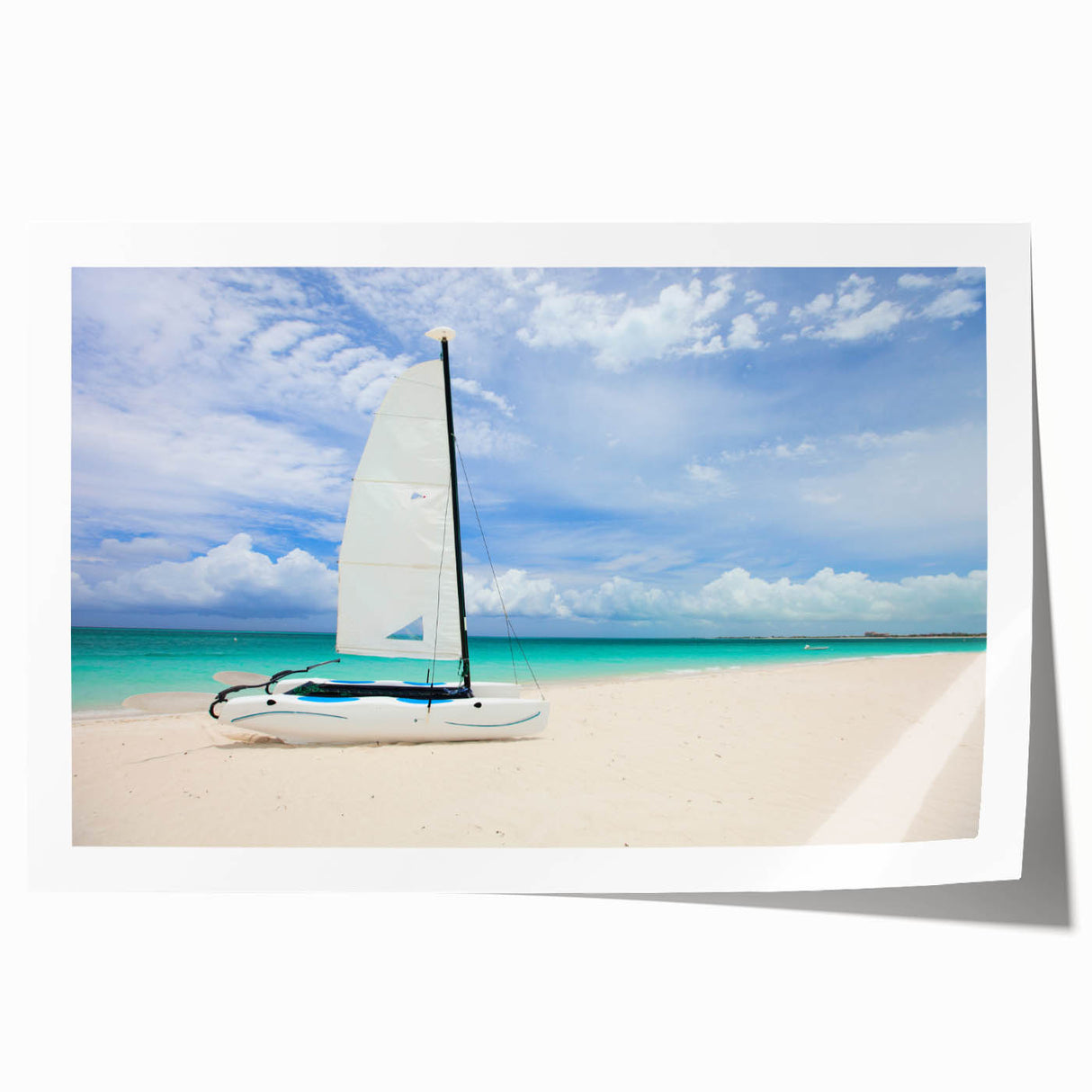 Extra large rolled print of a Caribbean beach scene with vibrant blue and green colors, ideal for dining room wall art.