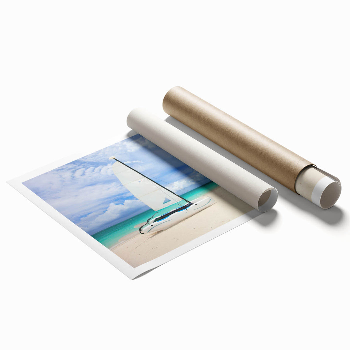 Extra large rolled print of a Caribbean scene with vibrant ocean blues and palm trees, ideal for classy bathroom wall art.