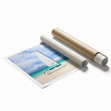 Extra large rolled print of a Caribbean scene with vibrant ocean blues and palm trees, ideal for classy bathroom wall art.