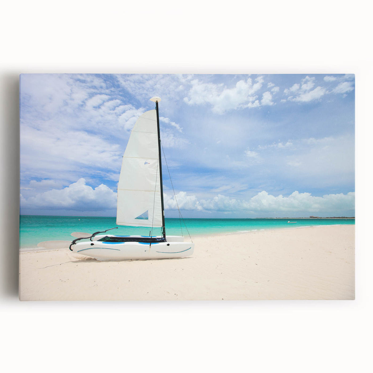 Black and white stretched canvas of a Caribbean beach scene, ideal for kitchen wall art.