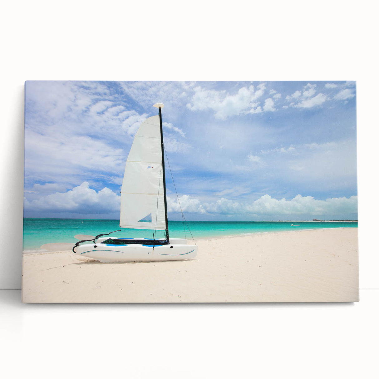 Black and white stretched canvas featuring a Caribbean beach scene, ideal for kitchen wall art or bedroom ambiance.