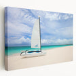 Caribbean beach scene on stretched canvas, featuring turquoise waters and white sands, ideal for kitchen wall art.