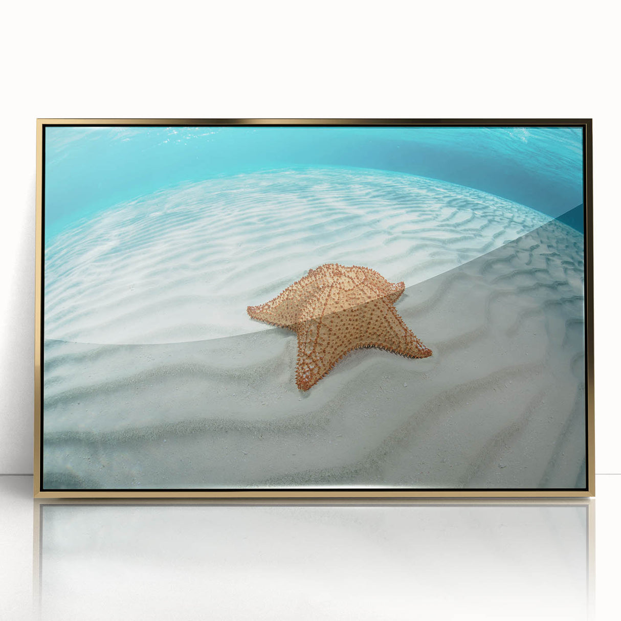 Framed acrylic print of a Caribbean Virgin Islands scenery in muted blue and green tones, ideal for modern art wall decor.