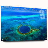 Acrylic print of a Belize scenery with lush green and blue tones, ideal for dining room decor.