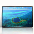 Large abstract wall art depicting a vibrant Belize scenery in mid-century modernist style on a black framed acrylic print.