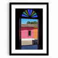 Extra large abstract art print of a vibrant, colorful Central American landscape on a textured canvas, framed in black.