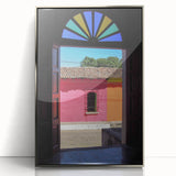 Mid-century modernist art of a Salvadoran landscape in acrylic, framed in silver, ideal for nursery wall decor.