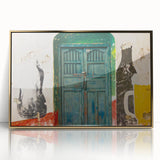 Mid-century modernist acrylic print of a Central American landscape, featuring gold and green tones.