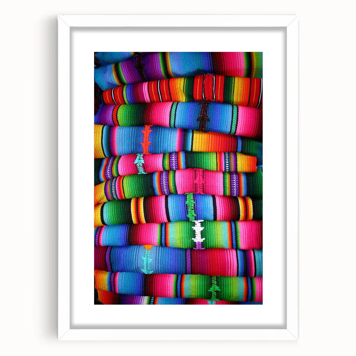 Abstract art print of Central American scenery in muted earth tones on framed white mat, suitable for dining room or bedroom.