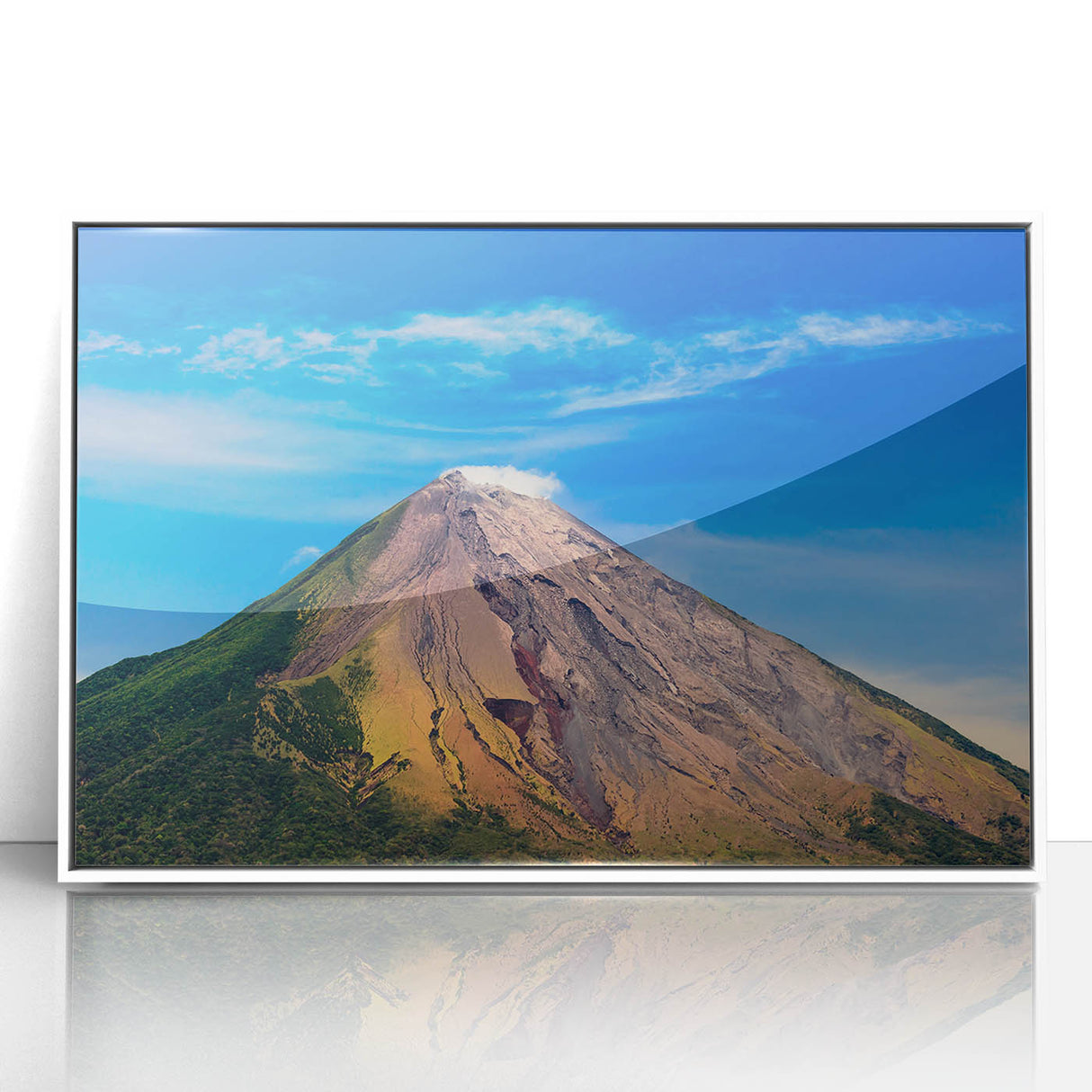 Acrylic print of a serene Nicaragua landscape in subdued earth tones, framed in white, suitable for modern art wall decor.