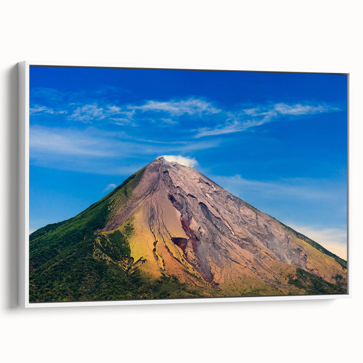 Vintage poster art of a scenic Central American landscape in vibrant colors on a framed canvas, ideal for living room decor.