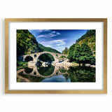 Abstract art print of a European scenery in muted earth tones, framed in gold, ideal for dining room decor.