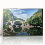 Mid-century modernist art depicting a serene Bulgarian landscape in acrylic, framed in silver, ideal for nursery wall art.