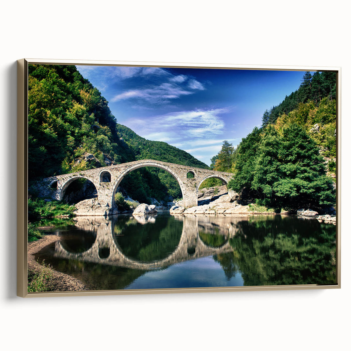 Framed canvas featuring a vintage-style Bulgarian landscape in muted gold and black tones, ideal for bedroom wall art.