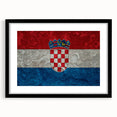 Colorful abstract art print of a European scenery in Croatia on a large textured canvas, framed in black.