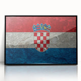 Large abstract wall art featuring a Croatian landscape in muted earth tones, framed in black acrylic.