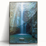 Large art print of a European Cyprus landscape in mid-century modernist style, framed in silver acrylic.