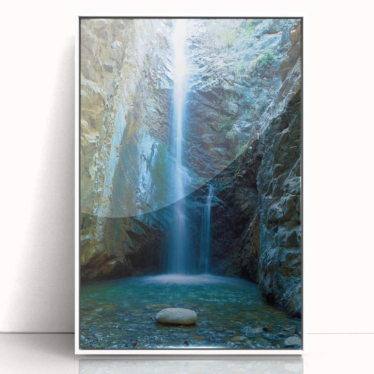 Mid-century modernist art depicting a European Cyprus landscape in muted earth tones on a framed acrylic print.