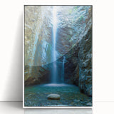 Mid-century modernist art depicting a European Cyprus landscape in muted earth tones on a framed acrylic print.