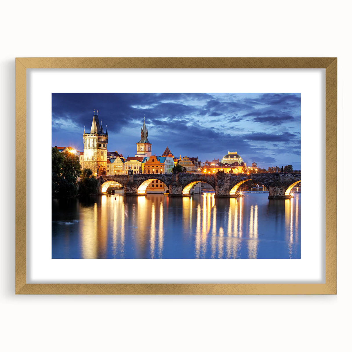 Abstract art print of Prague skyline in muted gold and blue tones on a framed canvas, ideal for dining room decor.