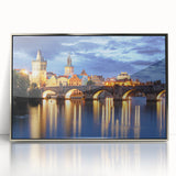 Framed acrylic print of Prague skyline in muted gray and blue tones, ideal for modern art wall decor.