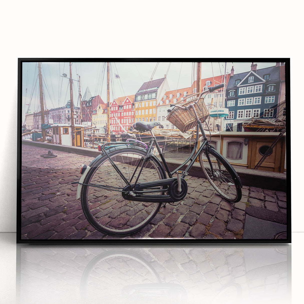 Large abstract wall art featuring a mid-century modernist depiction of a European scenery in muted colors on a framed…
