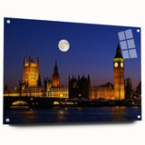 Acrylic print of the Big Ben and London cityscape, rendered in muted gray and blue tones.