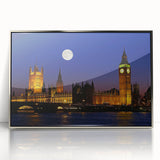 Large art print of Big Ben with silver frame, featuring muted earth tones, ideal for modern art wall decor.