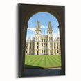 Black and white vintage poster art of Oxford landscape on framed canvas, suitable for bedroom decor.