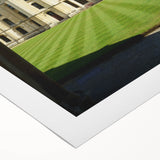 Art deco poster of Oxford scenery in muted earth tones on rolled canvas, suitable for dining room wall art.