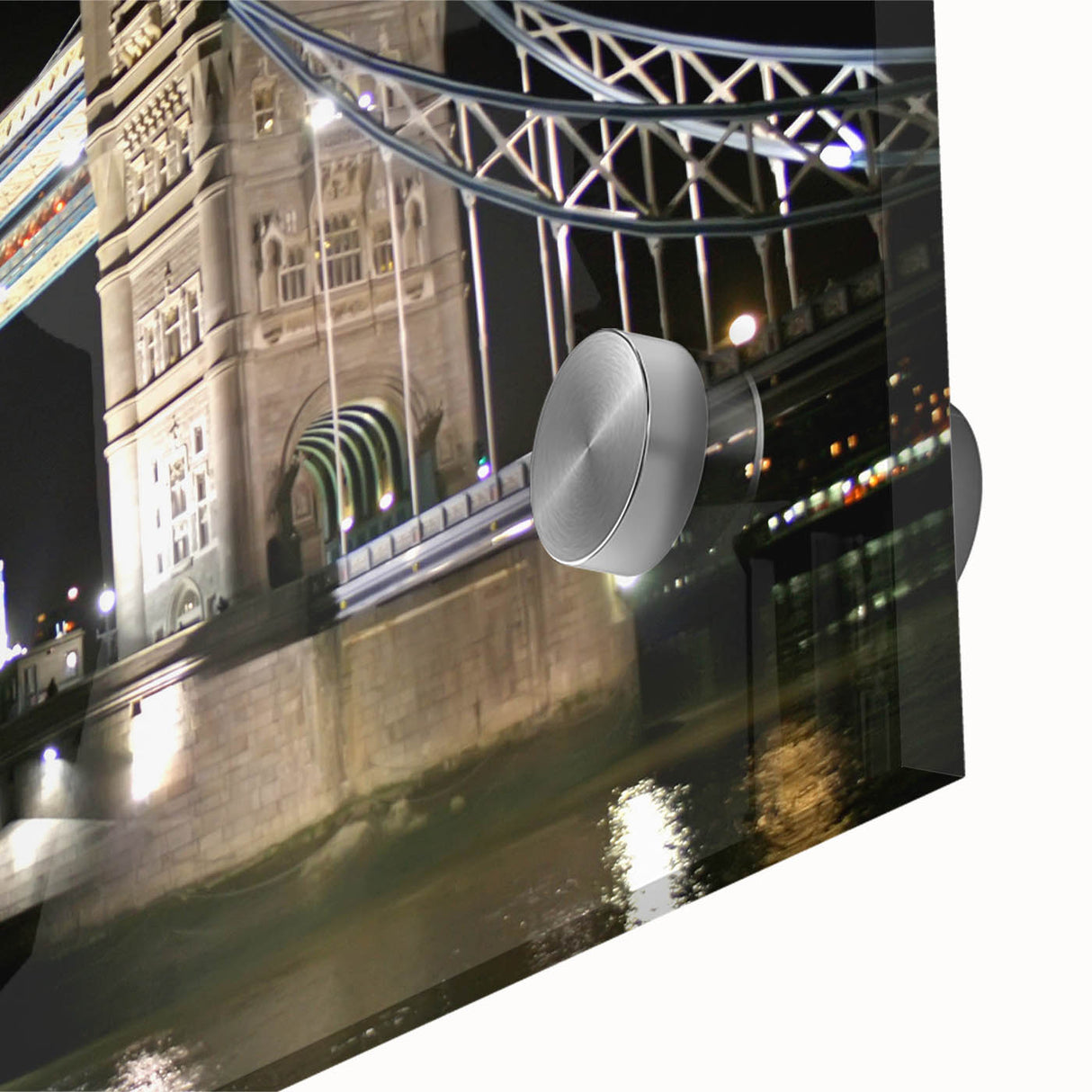 Acrylic print of Tower Bridge with a close-up, abstract style in muted blue and grey tones, ideal for dining room art.