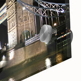 Acrylic print of Tower Bridge with a close-up, abstract style in muted blue and grey tones, ideal for dining room art.