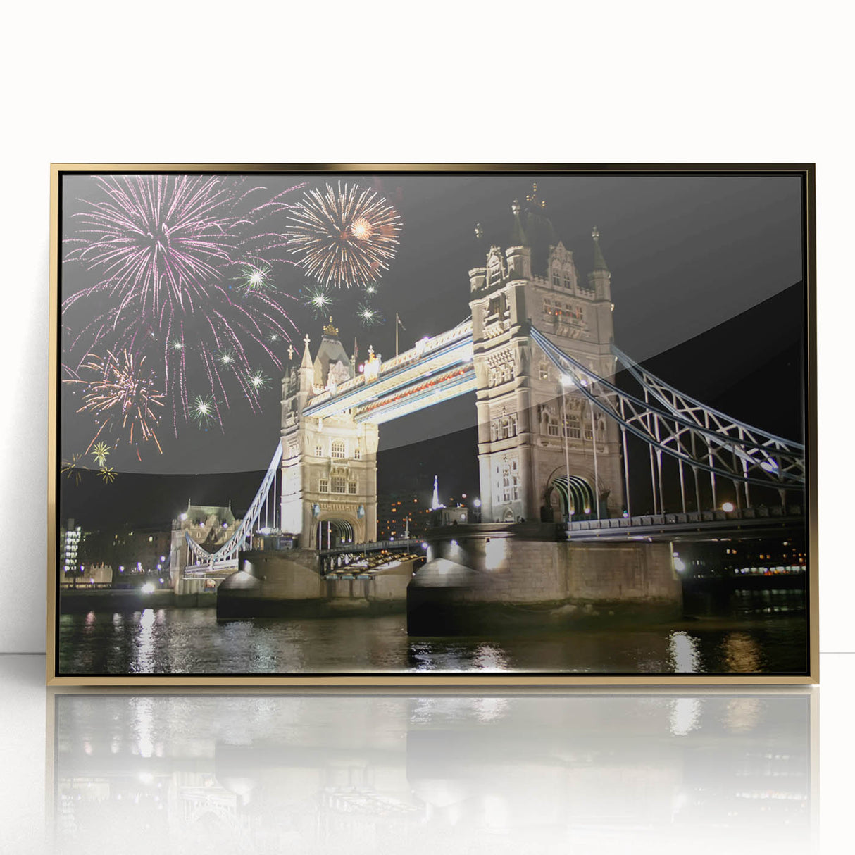 Acrylic print of Tower Bridge with gold frame in art deco style, ideal for modern art wall decor.