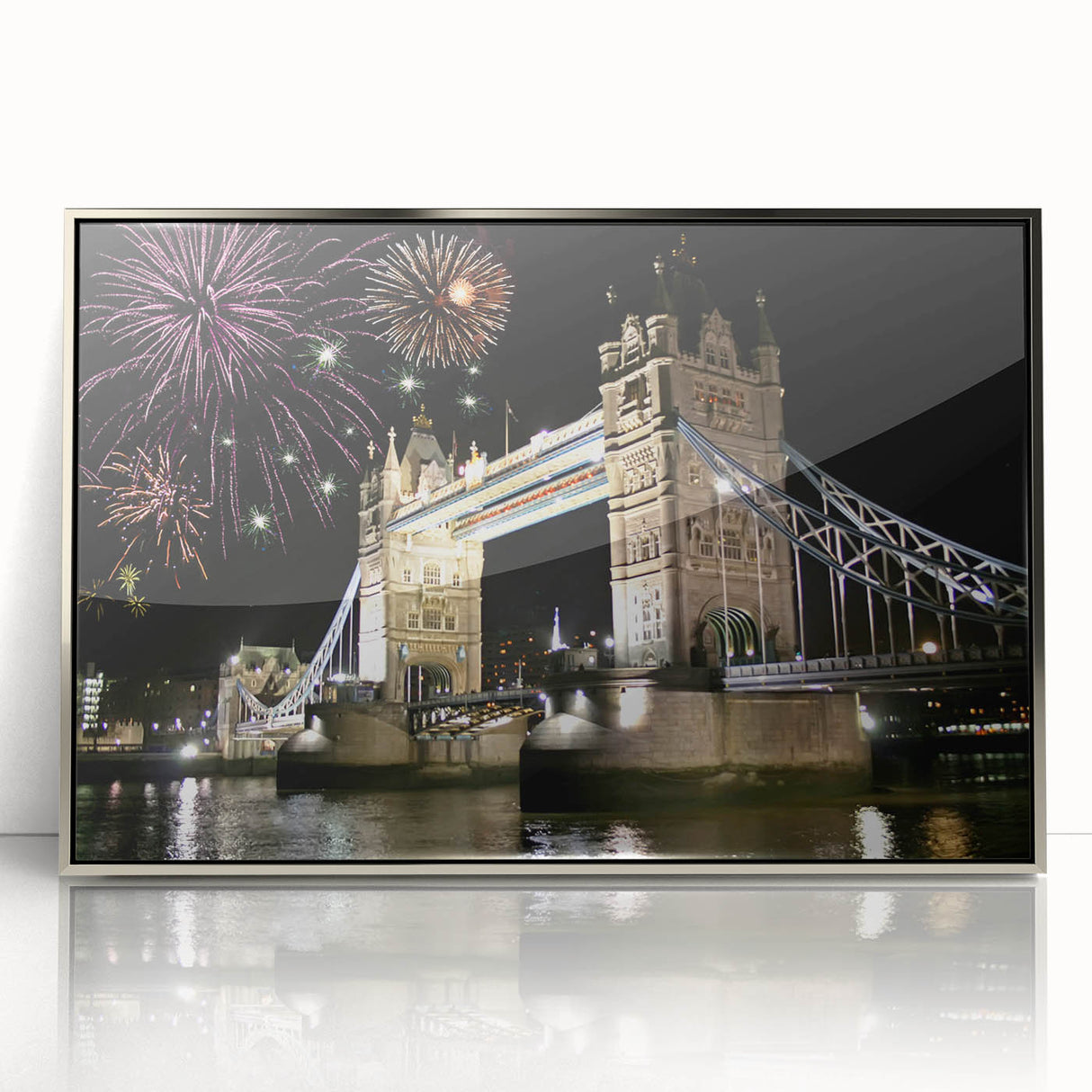 Mid-century modernist acrylic print of Tower Bridge in muted silver and gray tones, ideal for modern art wall decor.