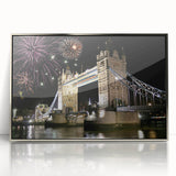 Mid-century modernist acrylic print of Tower Bridge in muted silver and gray tones, ideal for modern art wall decor.