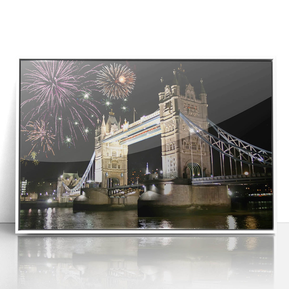 Mid-century modernist art of Tower Bridge in muted gray tones on a framed acrylic, suitable for modern art wall decor.