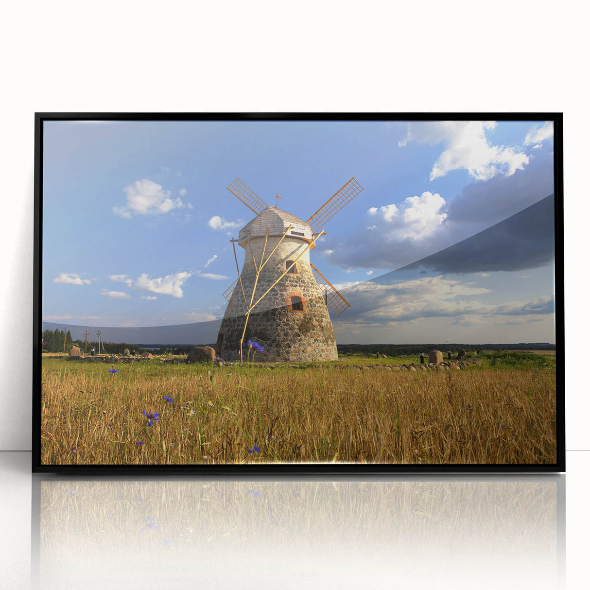 Large abstract wall art depicting a European Estonian scenery in muted earth tones on a framed acrylic.