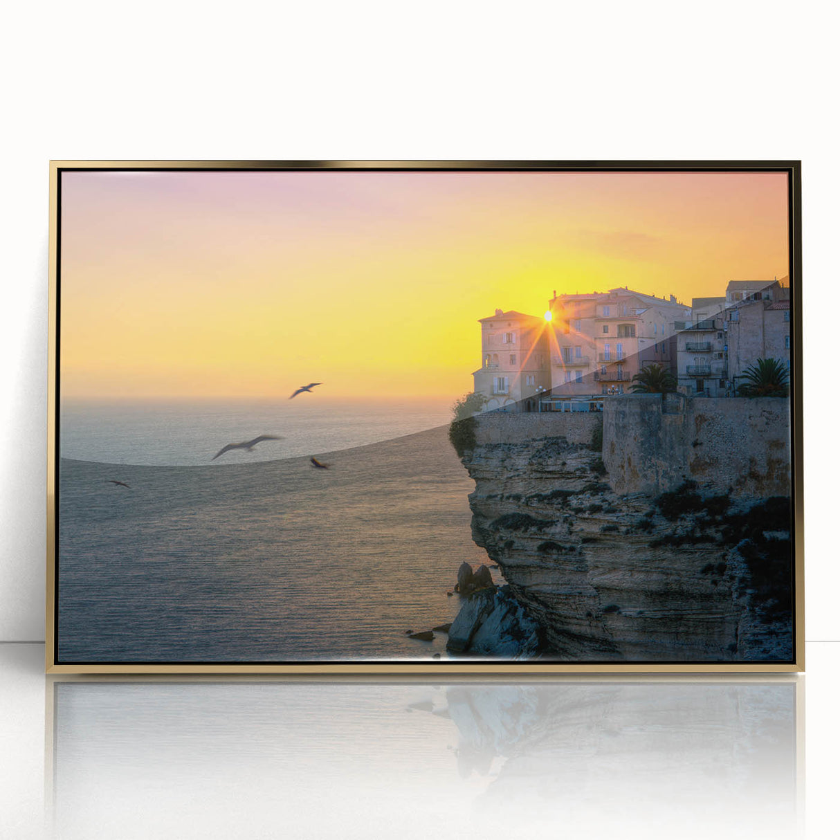 Art deco poster of Corsican landscape in gold frame, acrylic print, suitable for modern nursery decor.