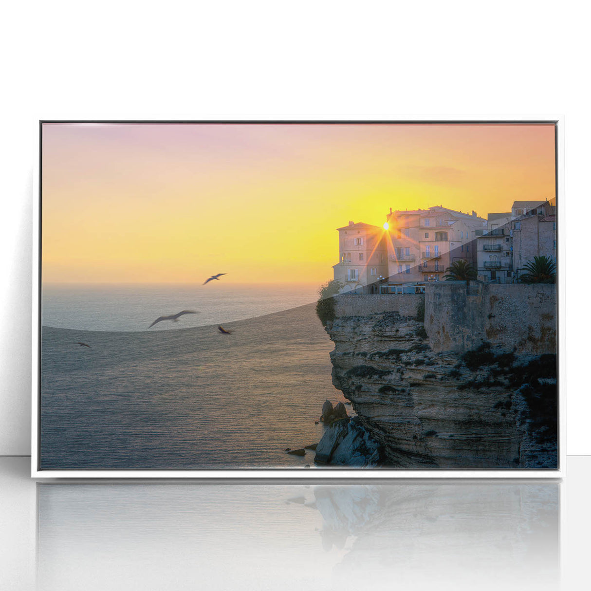 Mid-century modernist art depicting a serene Corsican landscape with muted earth tones on a framed acrylic.