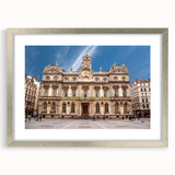 Extra large abstract art print of Lyon scenery in textured grays and silvers, framed with a silver mat.
