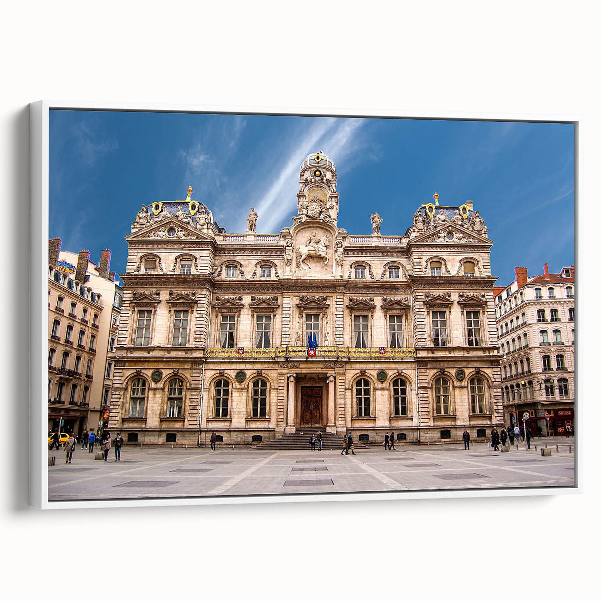 Vintage poster art of Lyon, France in vibrant colors on a large framed canvas, ideal for living room decor.