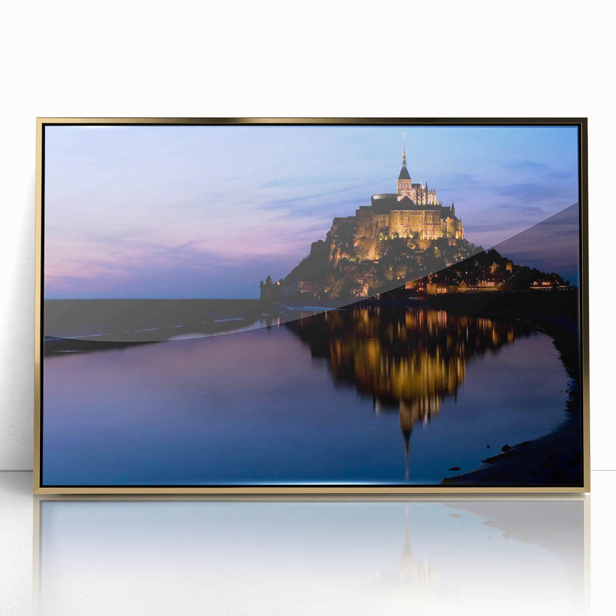 Mid-century modernist art of a serene French landscape in soft pastel shades, acrylic print framed in gold.