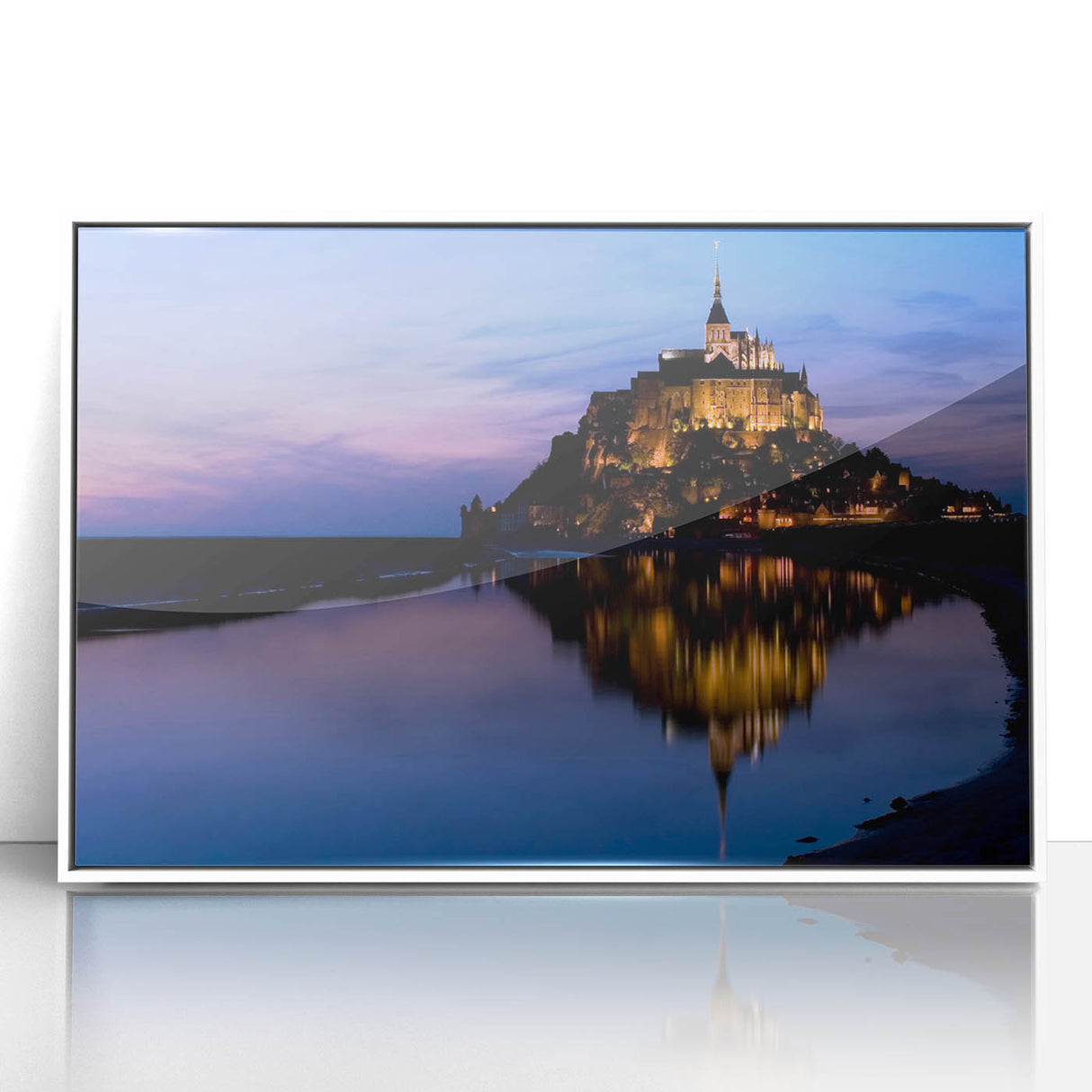 Art deco poster of a serene French landscape in pastel shades, framed in white acrylic.