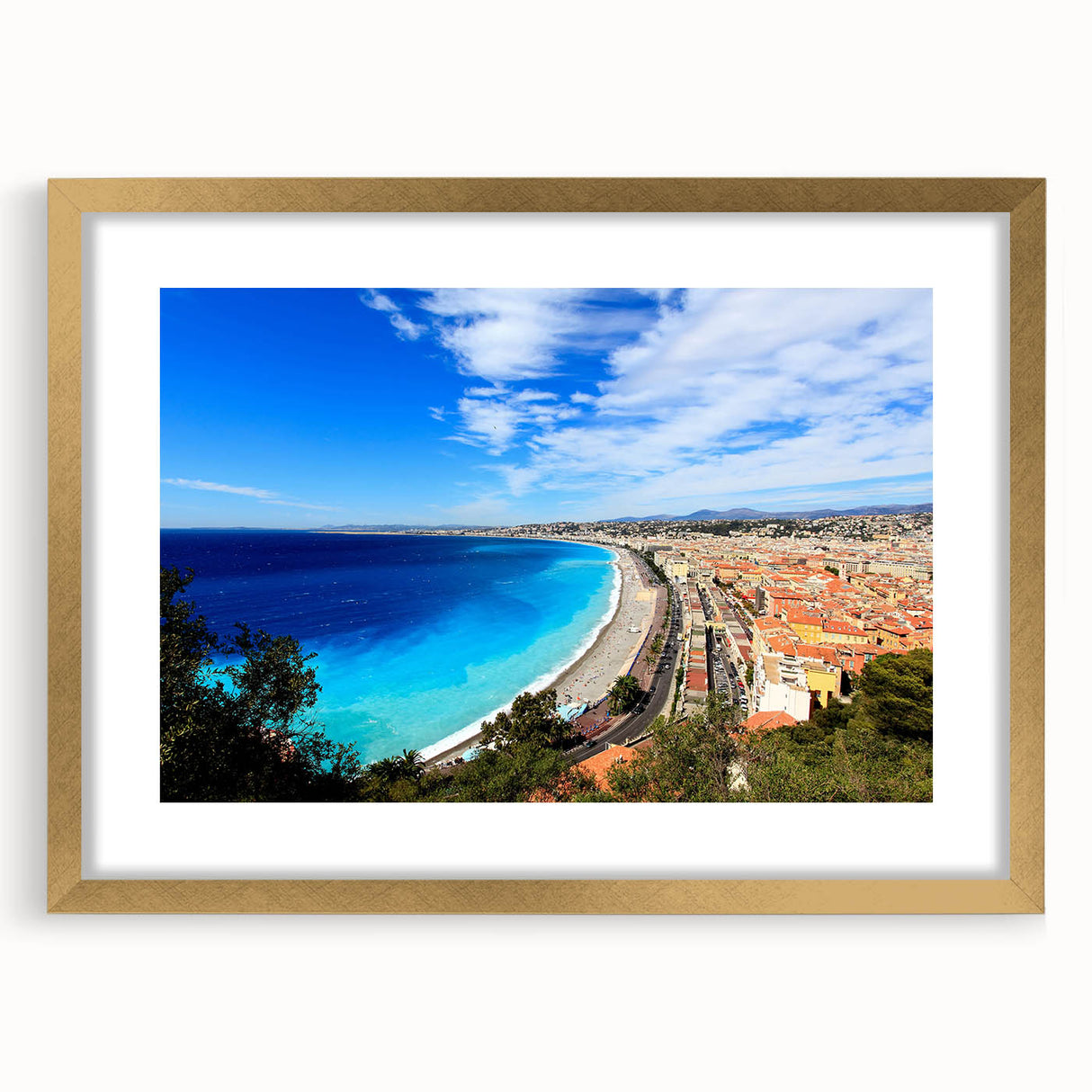 Abstract art print of a European scenery in Nice, France, in a gold frame with mat.