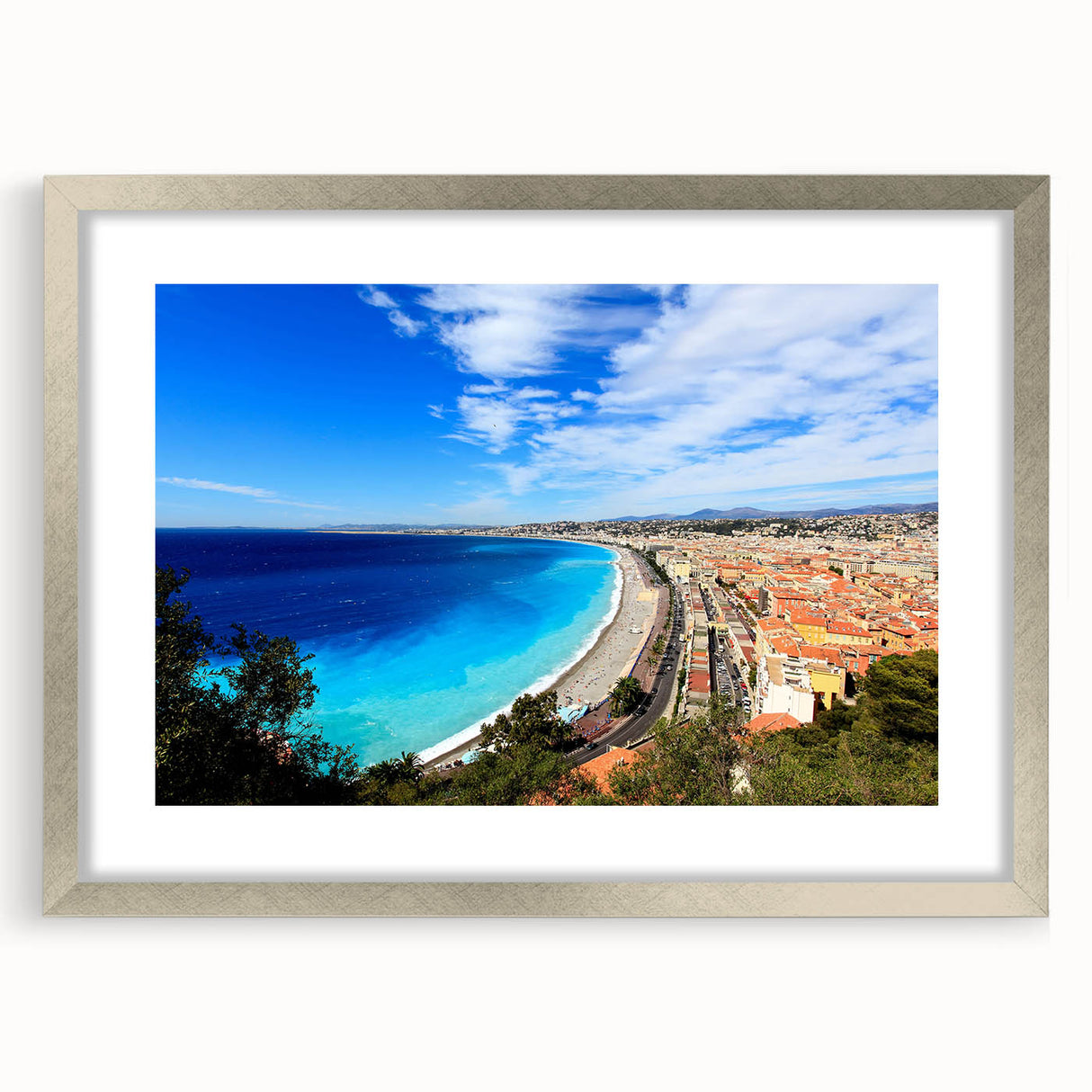 Extra large abstract art print of a textured European scenery in muted colors, framed with a silver mat.